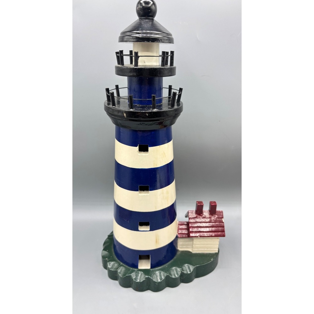 Nautical Decor Wooden Lighthouse Sculpture‎ Blue White Stripe